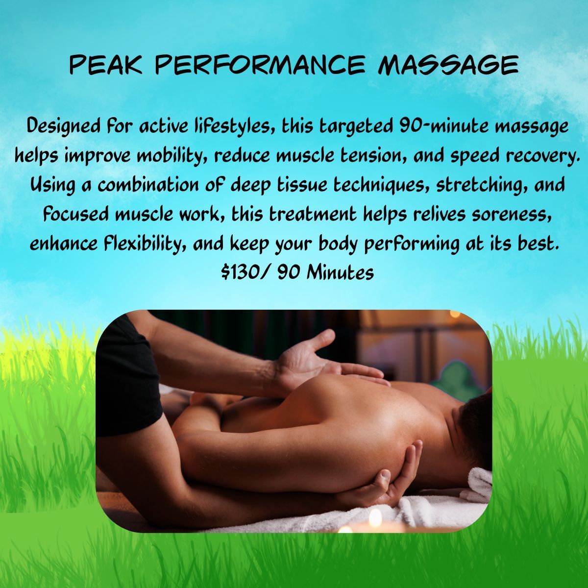 Promotional poster for a summer herbal massage with pink background, candles, bowls, and a relaxing spa scene