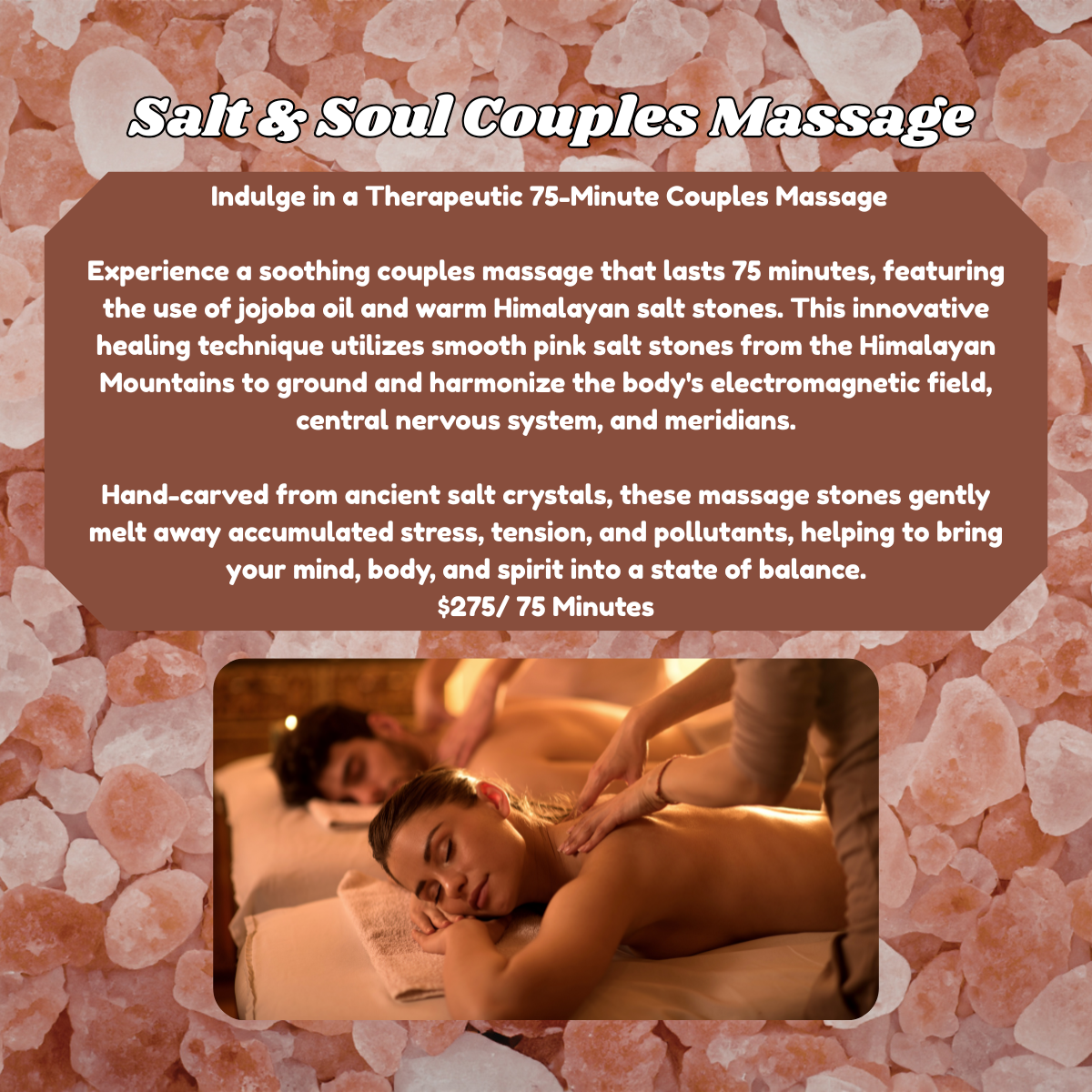 Salt and Soul couples massage promo with warm stone background and a relaxing massage scene