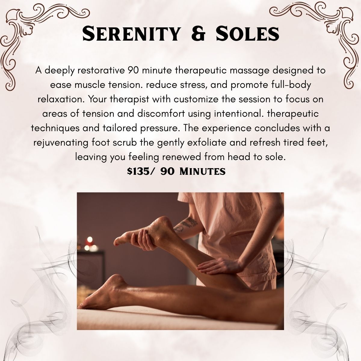 Spa ad for Tranquil Tides Facial with ocean waves, text, and a woman relaxing with candles nearby
