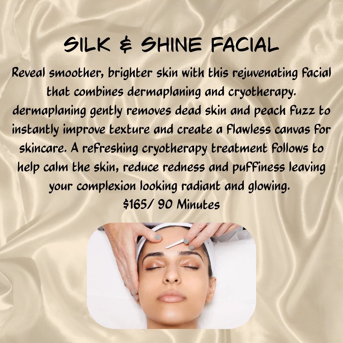 Spa ad for Tranquil Tides Facial with ocean waves, text, and a woman relaxing with candles nearby