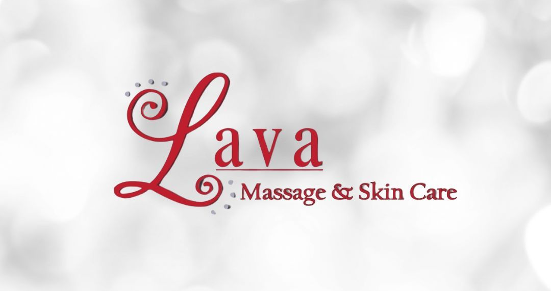 Lava Massage & Skin Care logo in red script on a white bokeh background