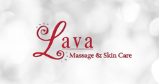 Lava Massage & Skin Care logo in red script on a white bokeh background