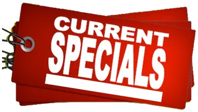 Red “CURRENT SPECIALS” sign with bold white text and a clipboard clip on the left