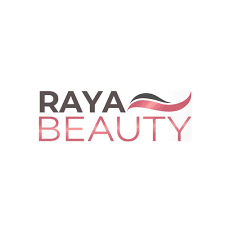 Raya Beauty logo in gray and pink with a flowing wave accent