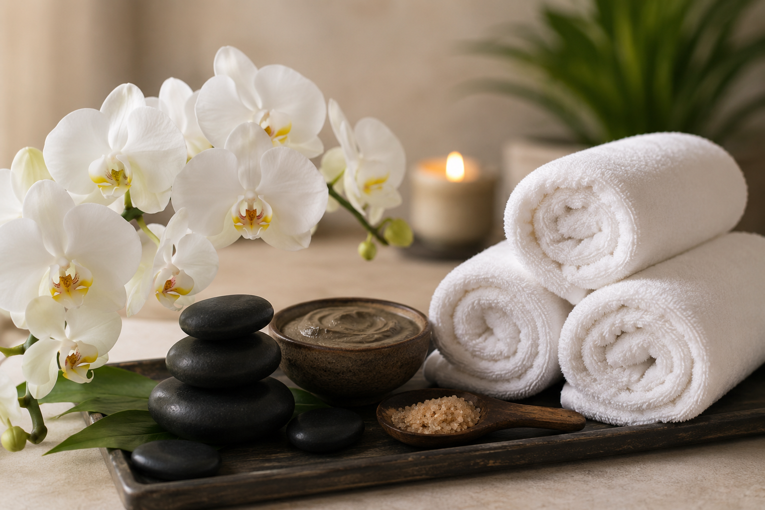 Spa still life with white orchids, stacked black stones, rolled towels, and a lit candle