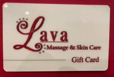 White gift card for Lava Massage & Skin Care with red logo and text on a red background