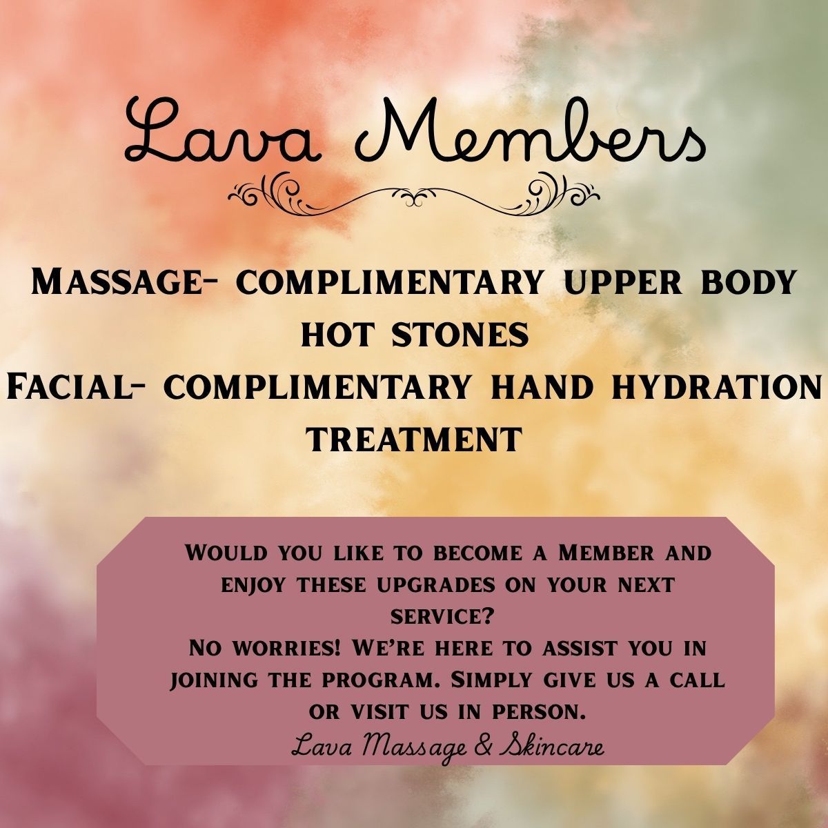 Membership flyer with orange title and blue text listing back scrub and facial cooling treatments