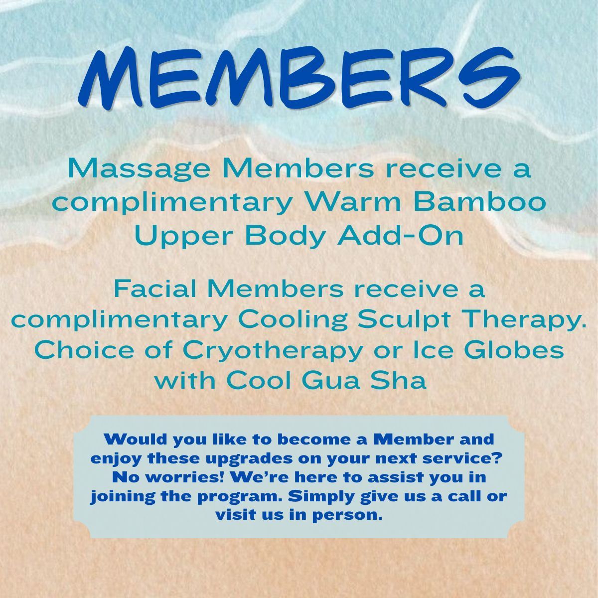 Membership flyer with orange title and blue text listing back scrub and facial cooling treatments