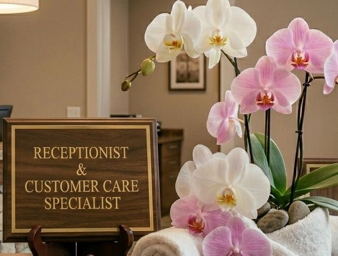 Receptionist and customer care specialist sign beside white and pink orchids in a lobby