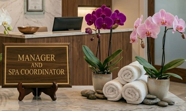 Spa reception sign reading “Manager and Spa Coordinator” beside orchids, towels, and stones
