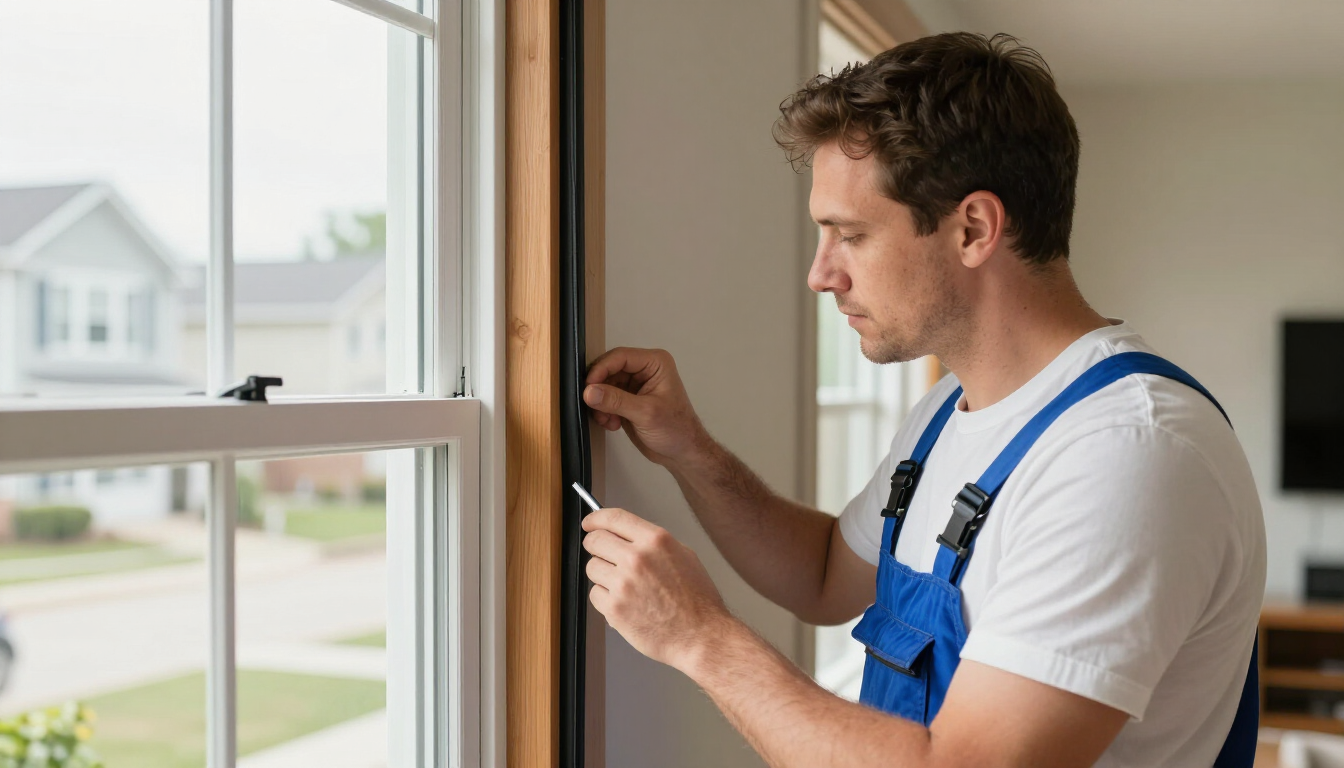 Technician inspecting window seal for drafts in a Topeka, KS home Technician inspecting window seal for drafts in a Topeka, KS home