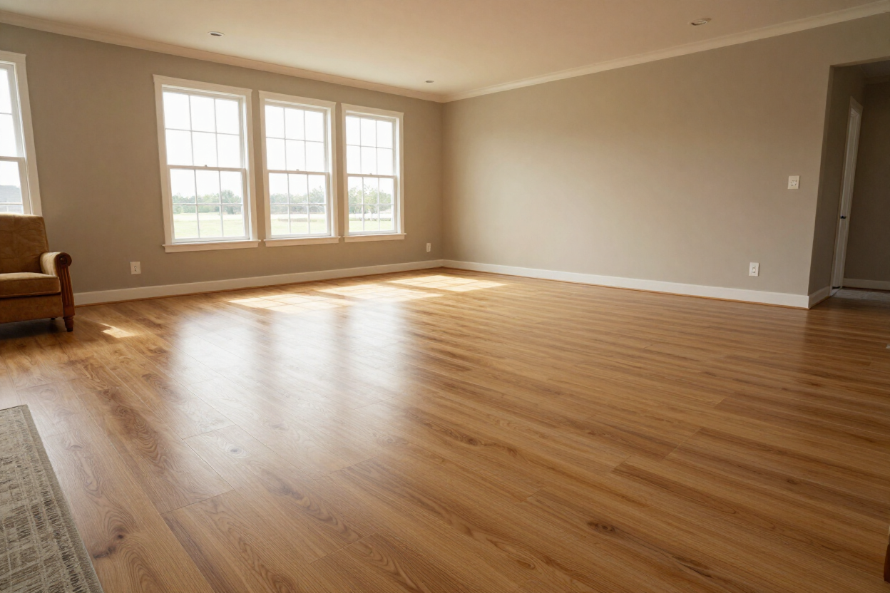 Finished laminate flooring installation in a Kansas-area home interior.