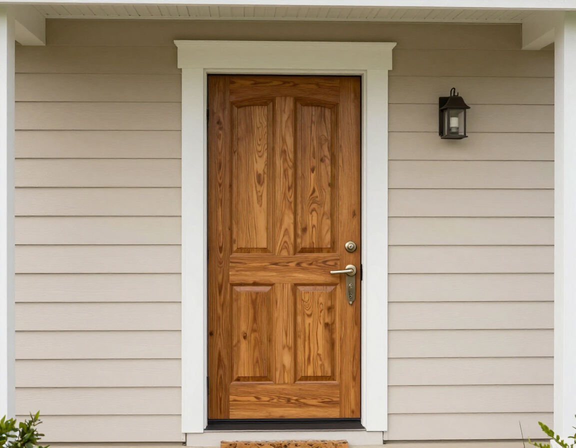 Newly installed wood front door with fresh trim on a Kansas home