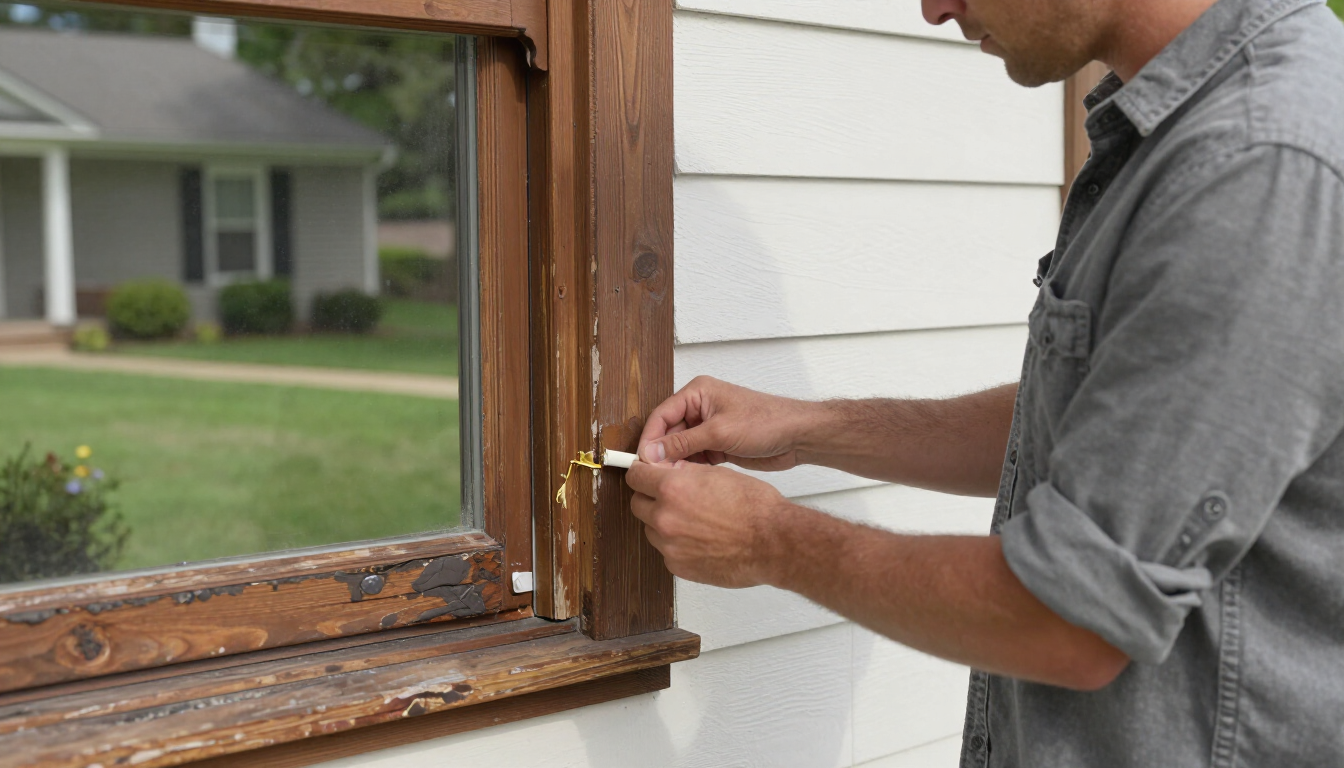 Homeowner inspecting a window frame with visible wear near the seal