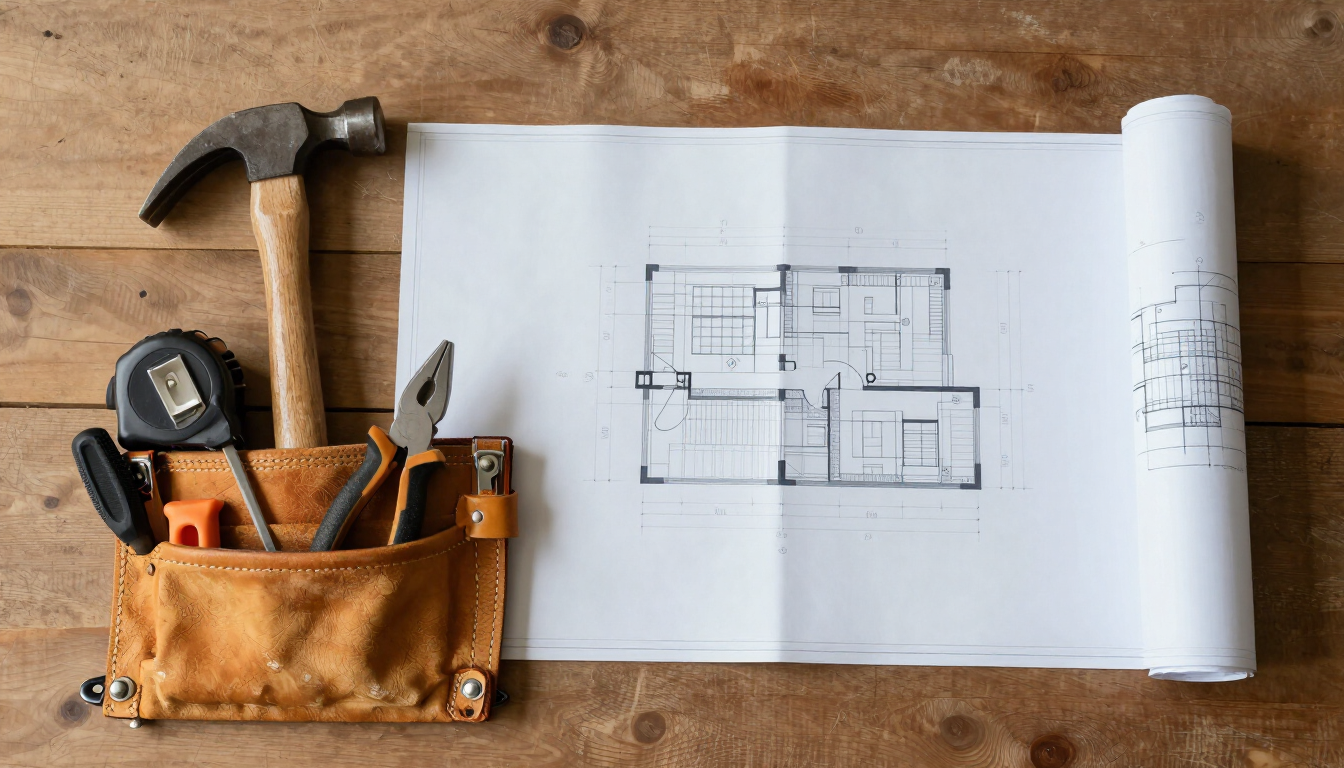 Toolbelt and blueprint flat lay, placeholder thumbnail for an upcoming article