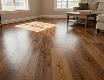 Finished laminate floor installed in a Kansas home living room