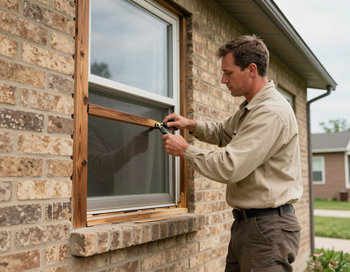 Contractor repairing a window frame in a Kansas home