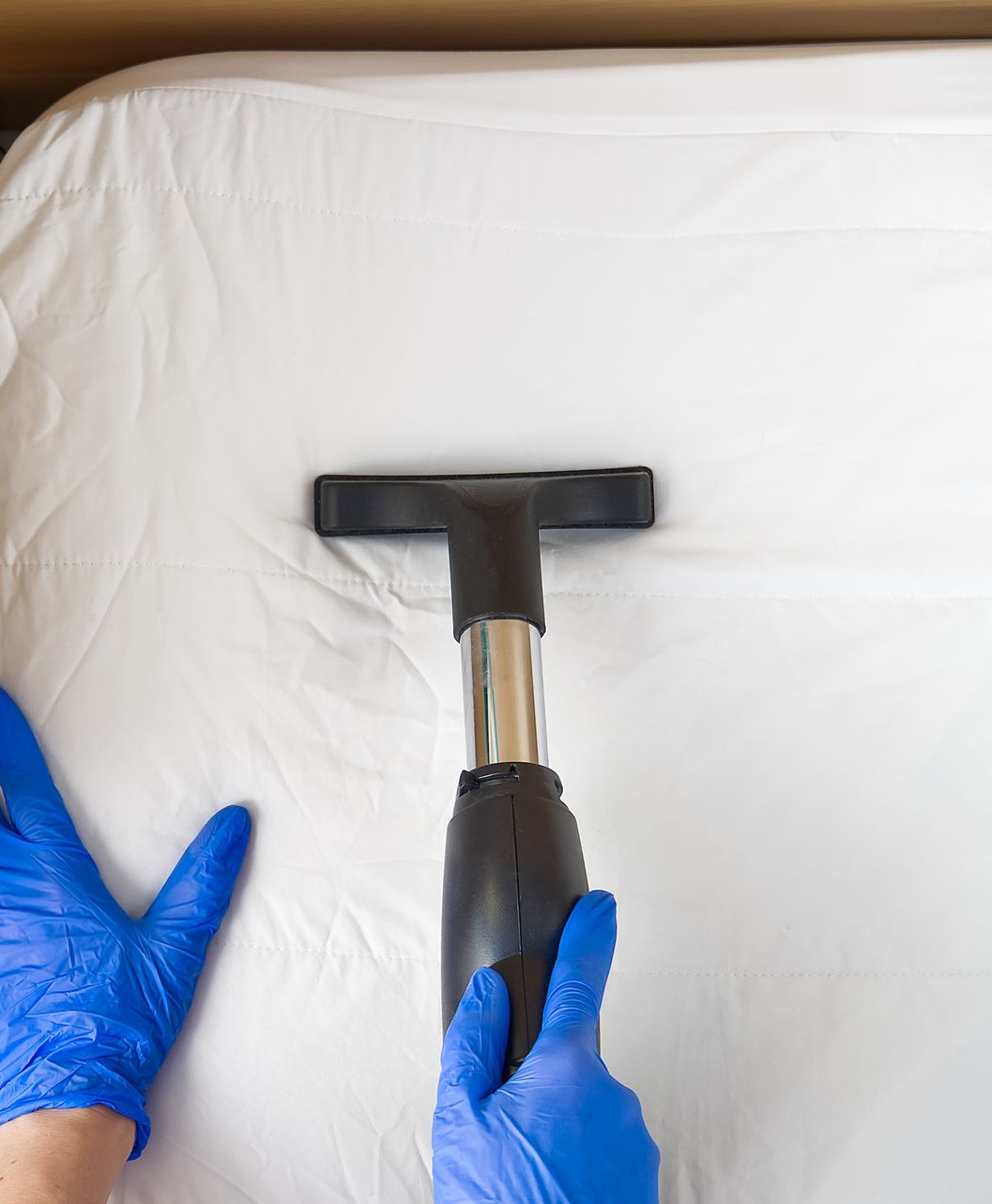 Person In Blue Gloves Vacuums A White Mattress — Rocky Commercial Cleaners In Berserker, QLD