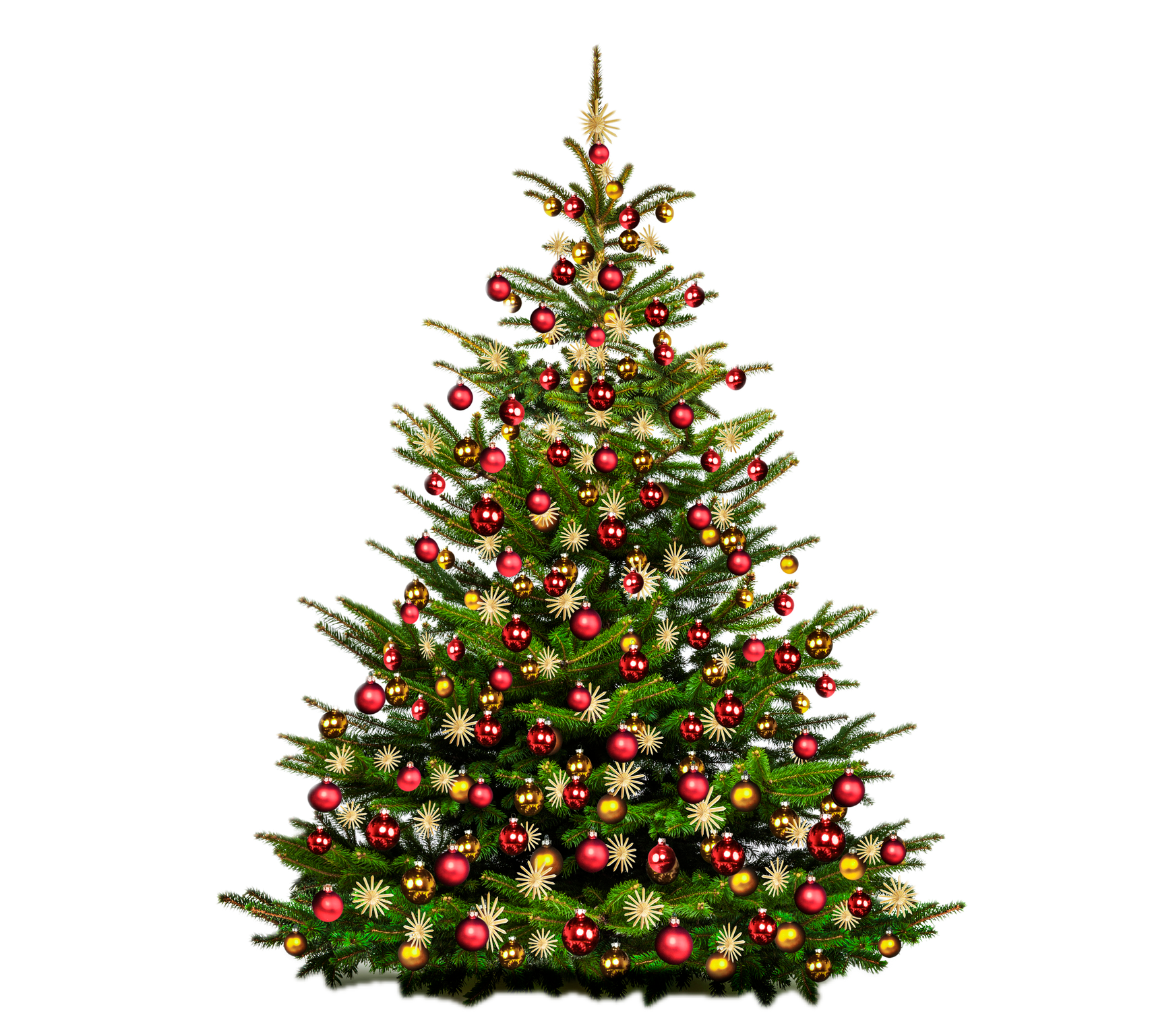 Decorated Christmas tree with red ornaments, gold garland, and star topper on a white background