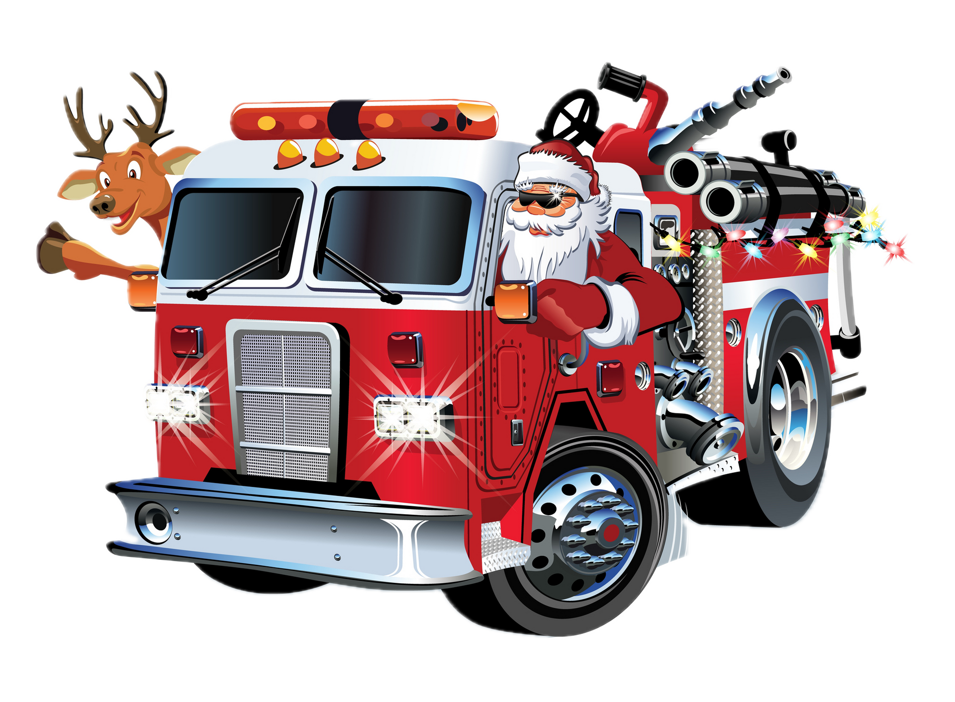 Santa in a red fire truck with a reindeer and holiday lights