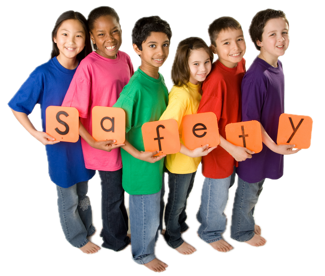Children holding colorful blocks spelling “safety” on a white background