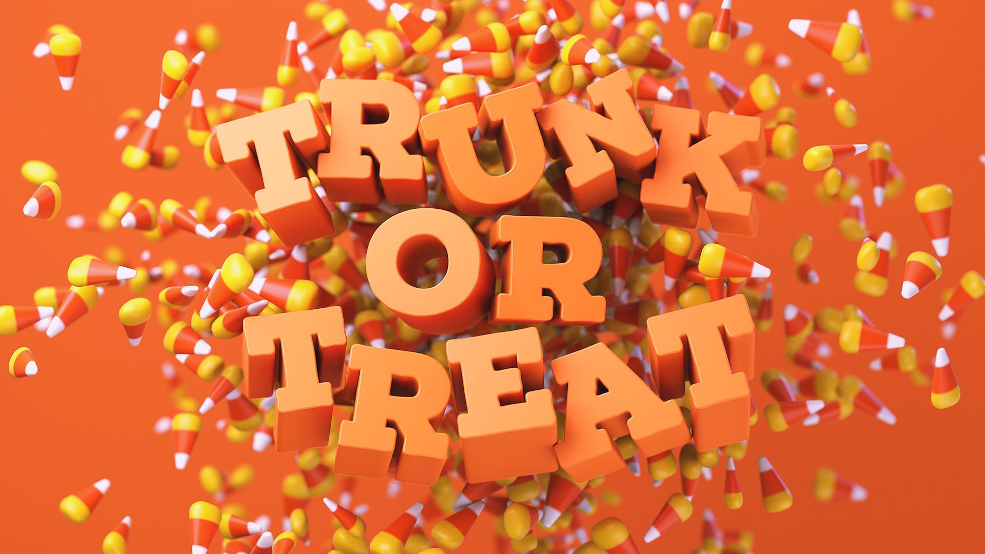 Orange 3D “Trunk or Treat” text amid floating candy on a bright orange Halloween background