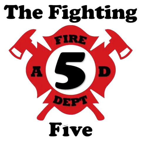 The Fighting Five fire department logo with red crossed axes and a black “5” in the center