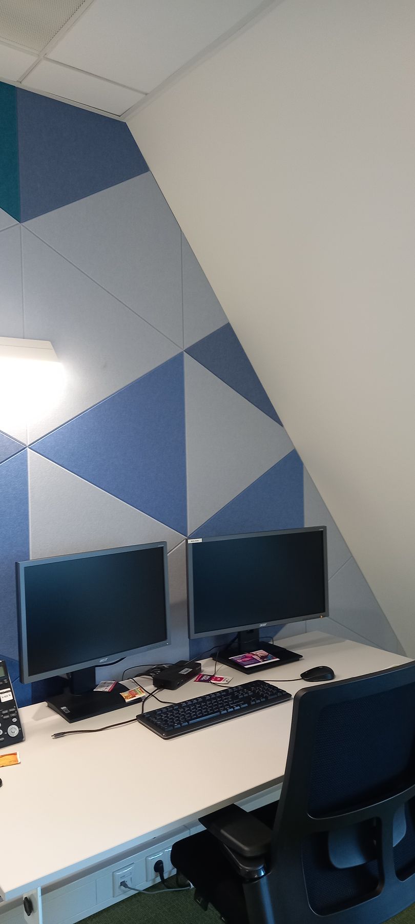 Maatwerk PET-vilt panelen uitgevoerd in huisstijlkleuren voor professionele kantoorinrichting