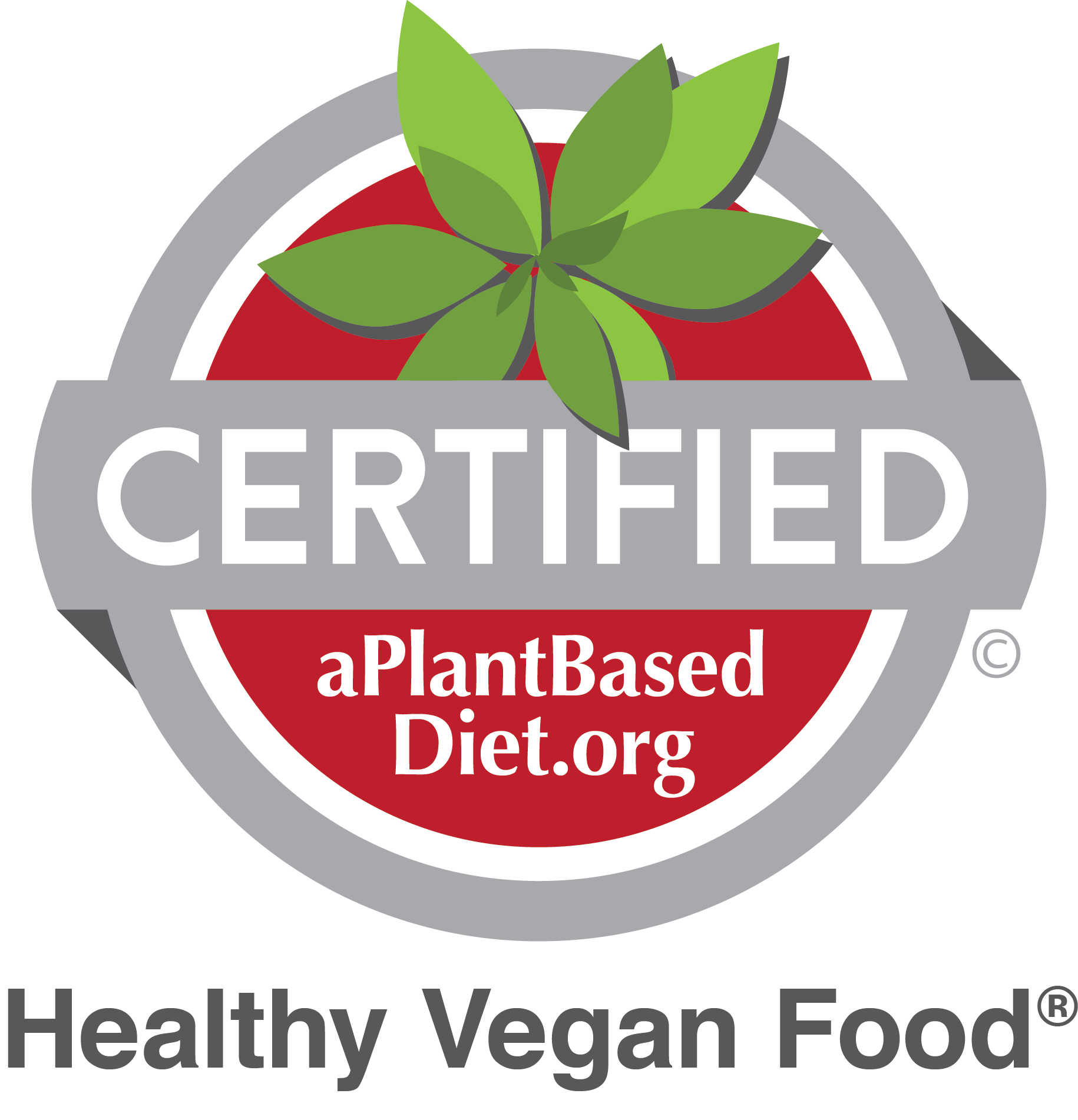Certified plant-based diet logo with green leaves, red circle, and gray border; text: