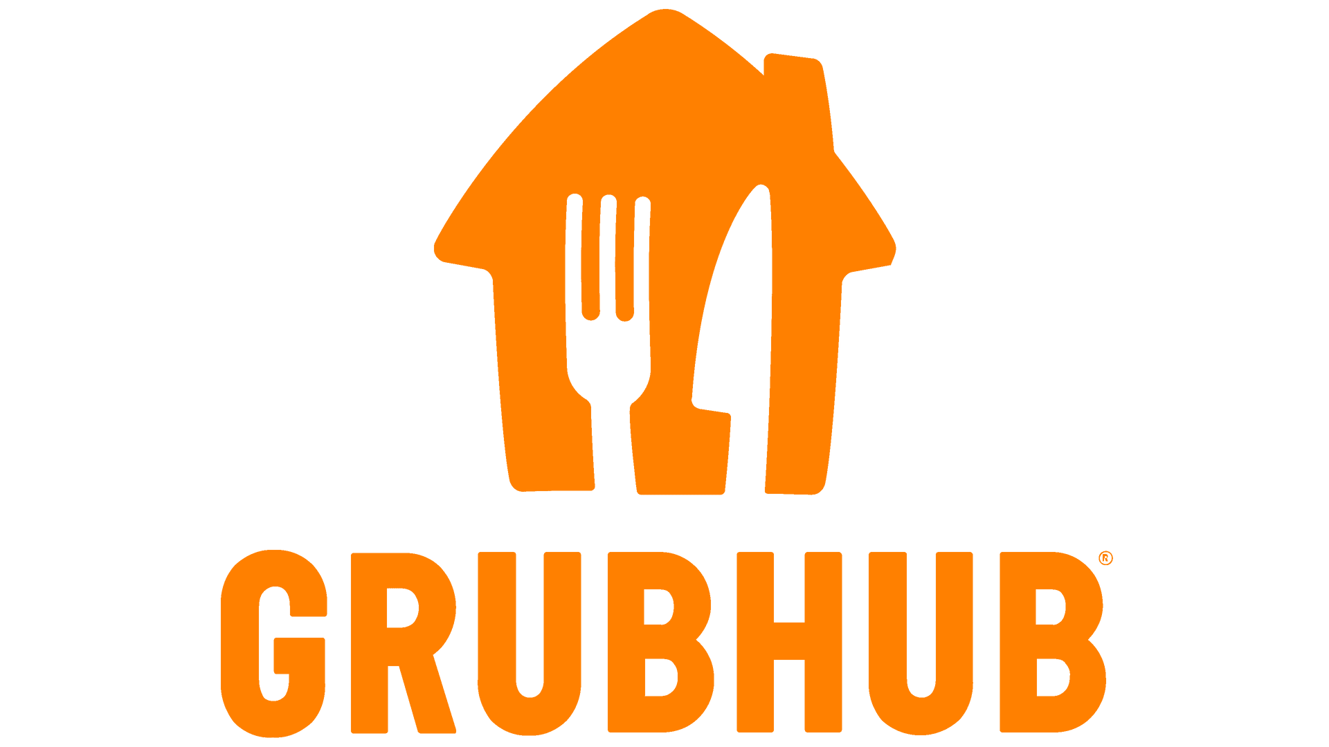 Orange Grubhub logo with a house shape and utensils inside, below the name in orange.
