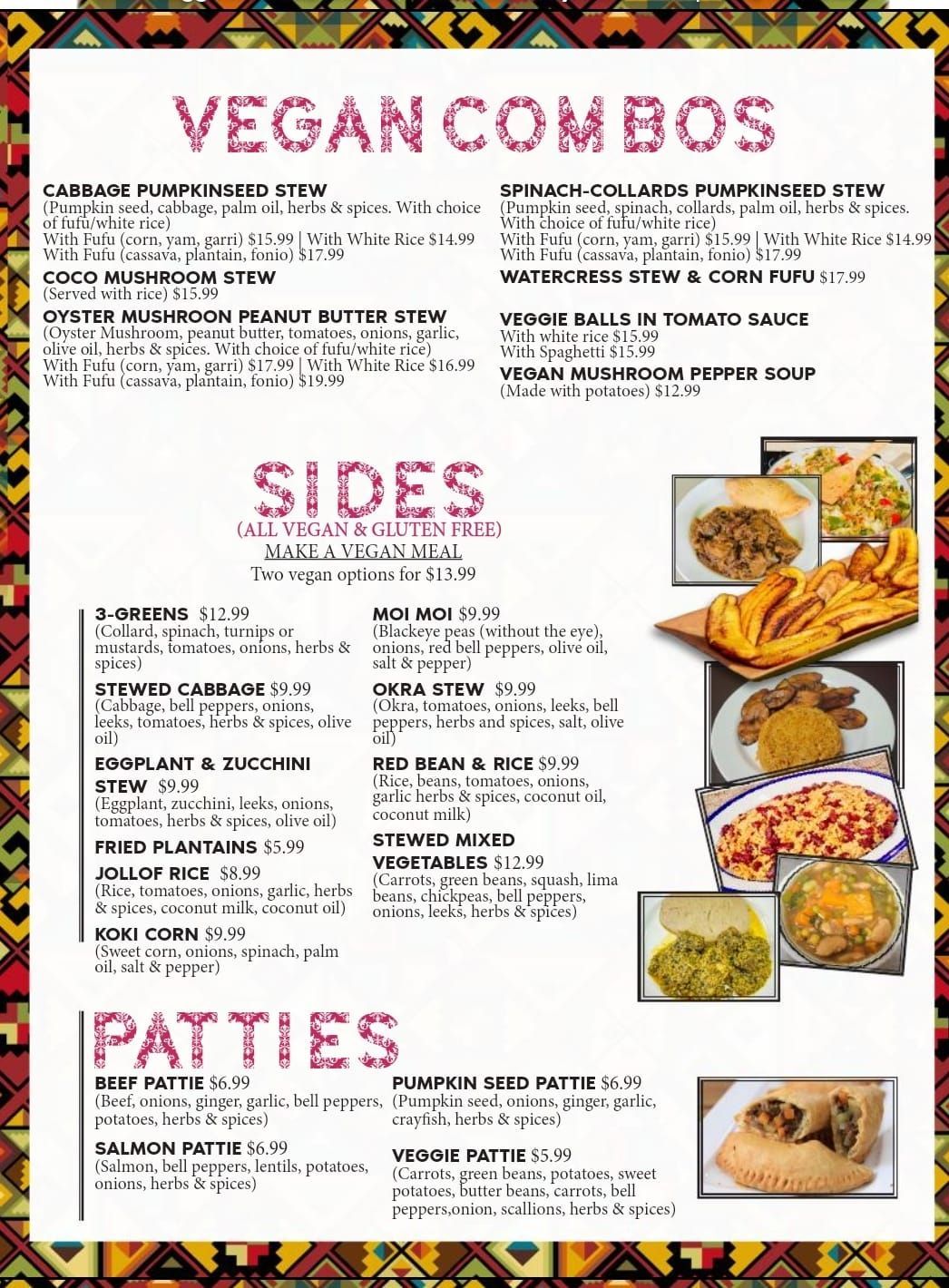 Vegan food menu with combos, sides, and patties; colorful border and photos.