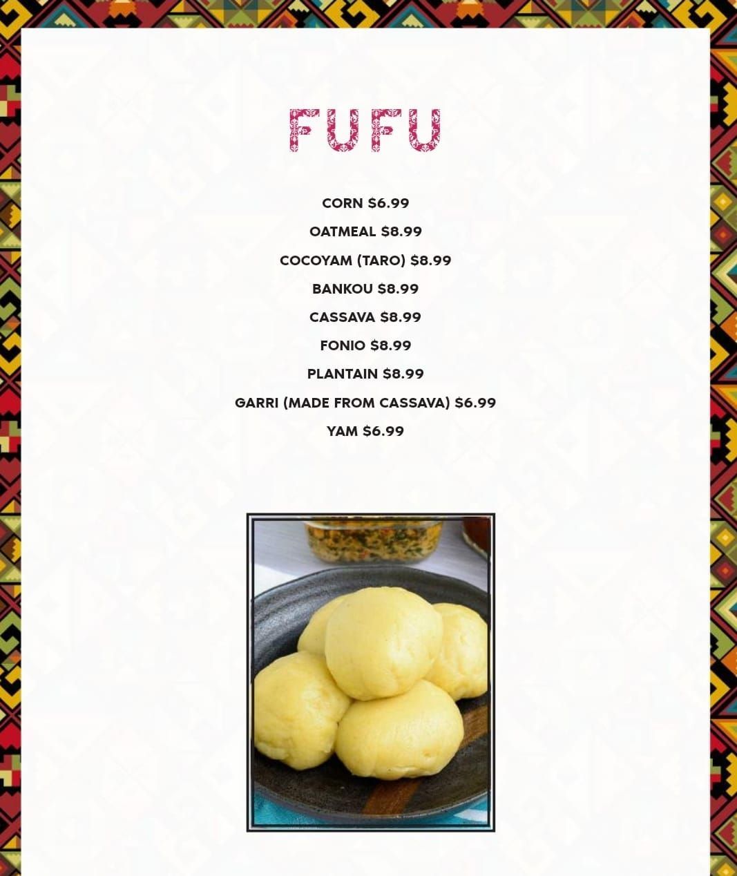 Menu for Fufu with various options listed. Below, a plate of cooked fufu balls.