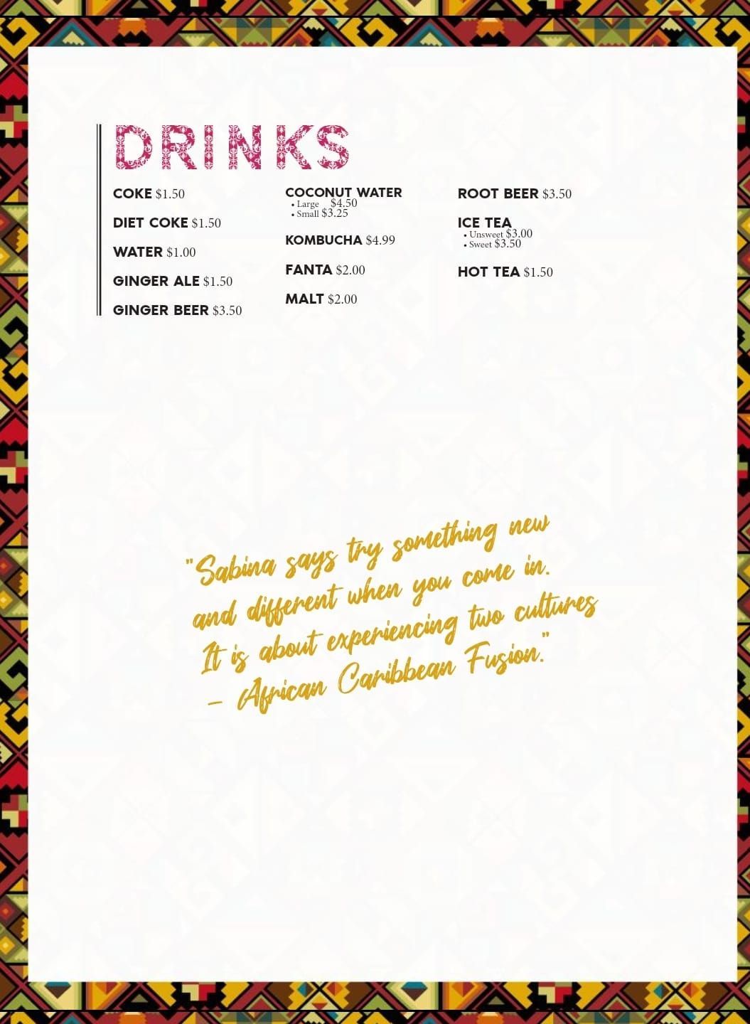 Drinks menu with text against an African print border. Menu lists various drinks.