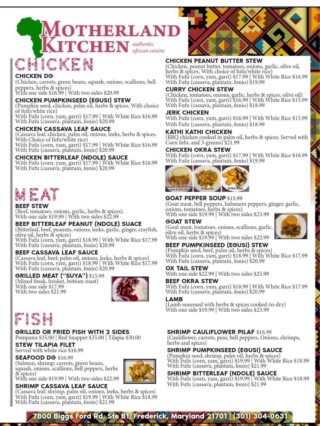 Motherland Kitchen menu with chicken, meat, and fish options.