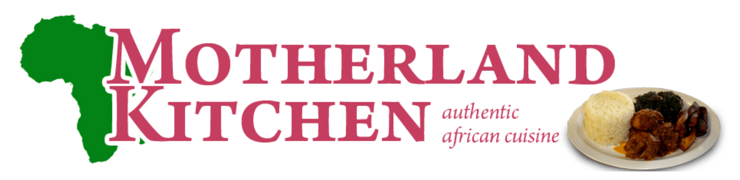 Logo for Motherland Kitchen with African continent graphic, text, and plate of food.