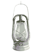 Metal lantern with a clear glass globe and a handle for carrying.