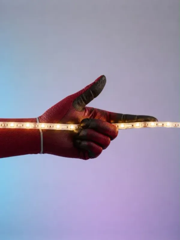 Mano che regge una striscia luminosa a LED su uno sfondo viola-blu tenue