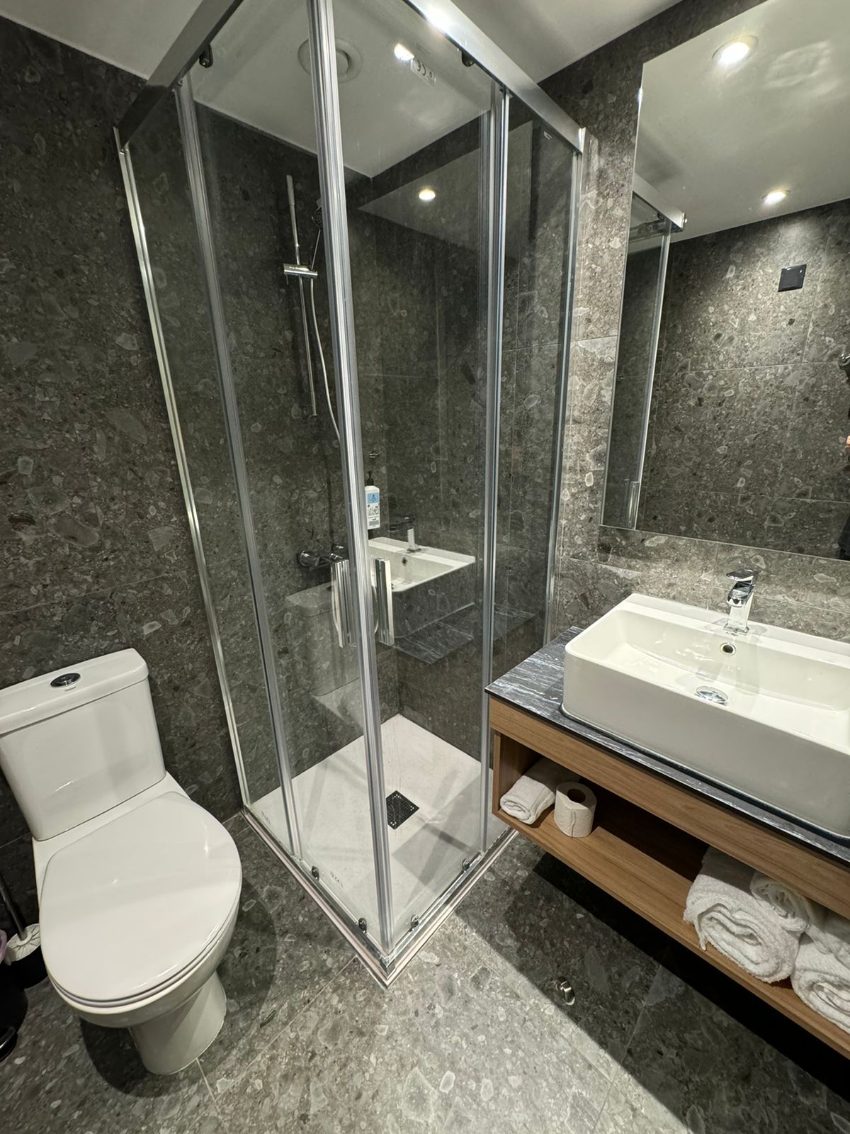 A bathroom with a toilet , sink , shower and mirror.