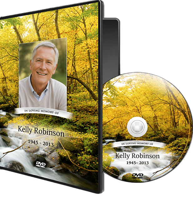 Memorial DVD and disc for Kelly Robinson with portrait and yellow autumn trees; dates 1943–2013