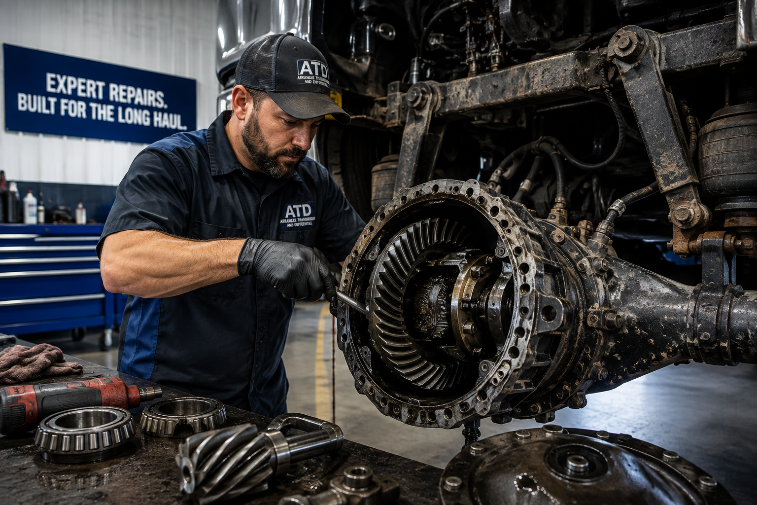 Mechanic inspecting a large truck differential in a repair shop with tools and parts on the floor