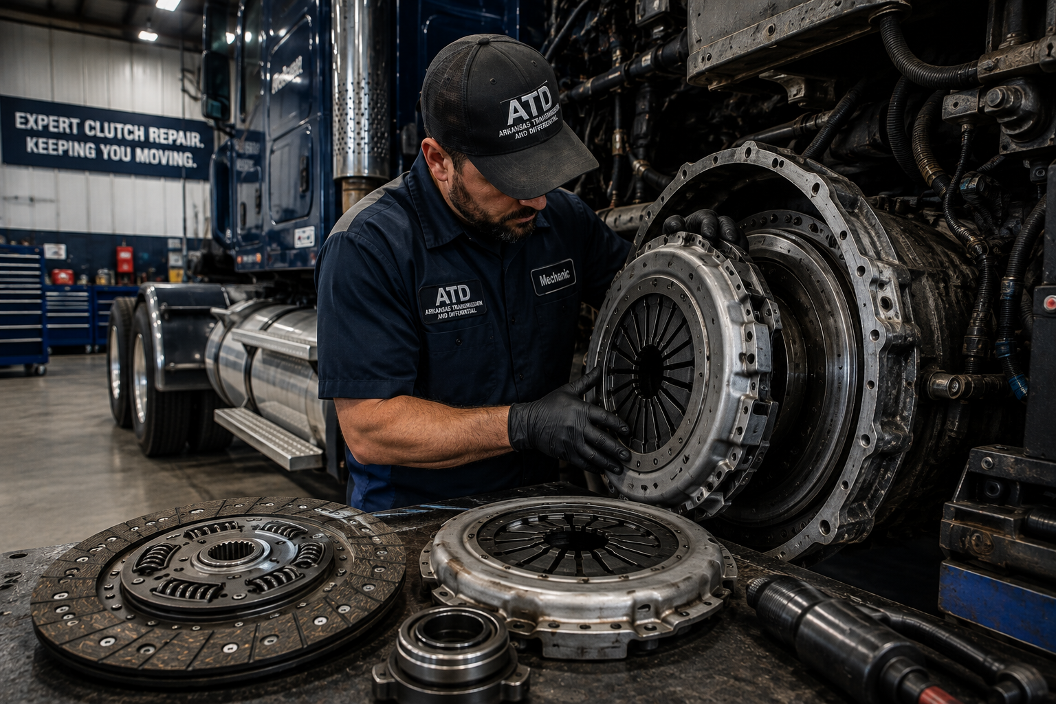 Mechanic inspecting a large clutch assembly in a dim automotive workshop