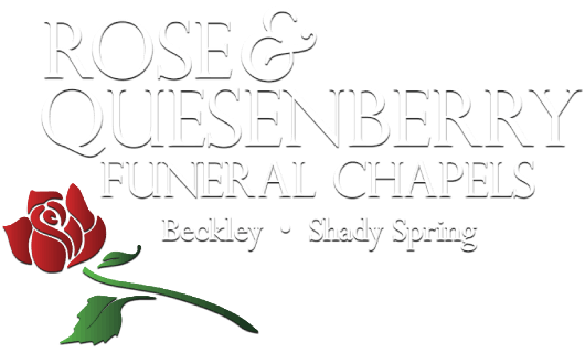 Rose Quisenberry Funeral Chapels logo with red rose and green stem, Beckley and Shady Spring text