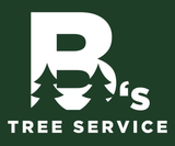 B’s Tree Service logo with white “B” and tree silhouettes on a dark green background