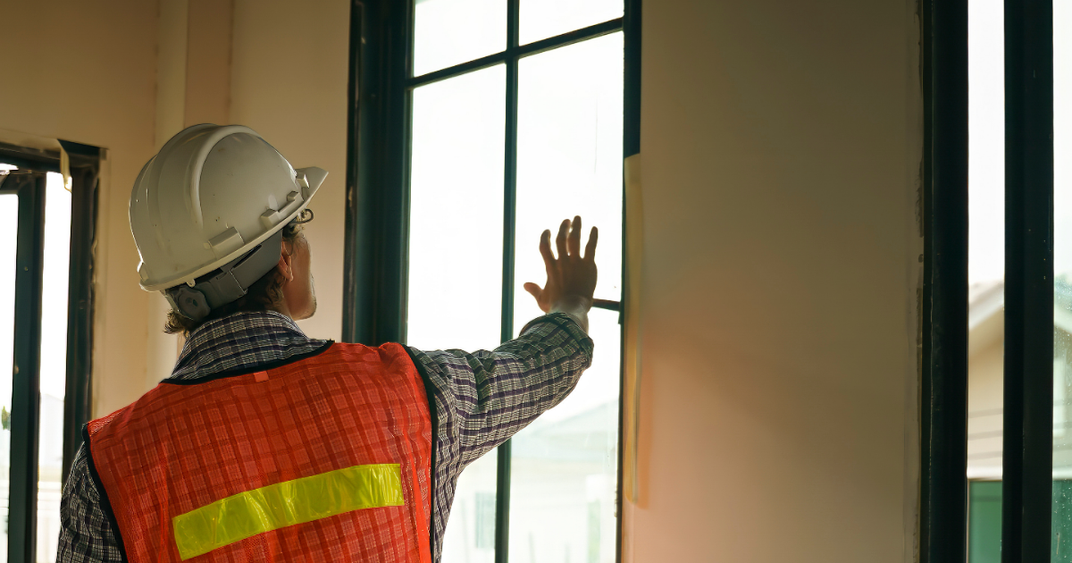 A construction worker wearing a white hard hat and orange safety vest inspects a window frame inside a building.