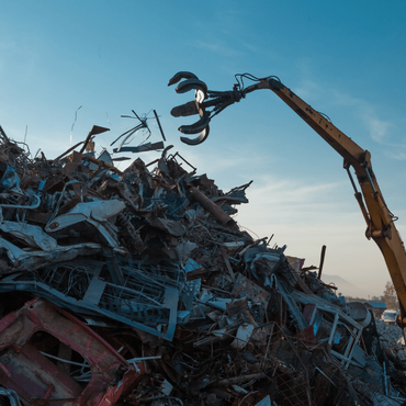 Excavator claw lifting scrap metal from a large junk pile at dusk