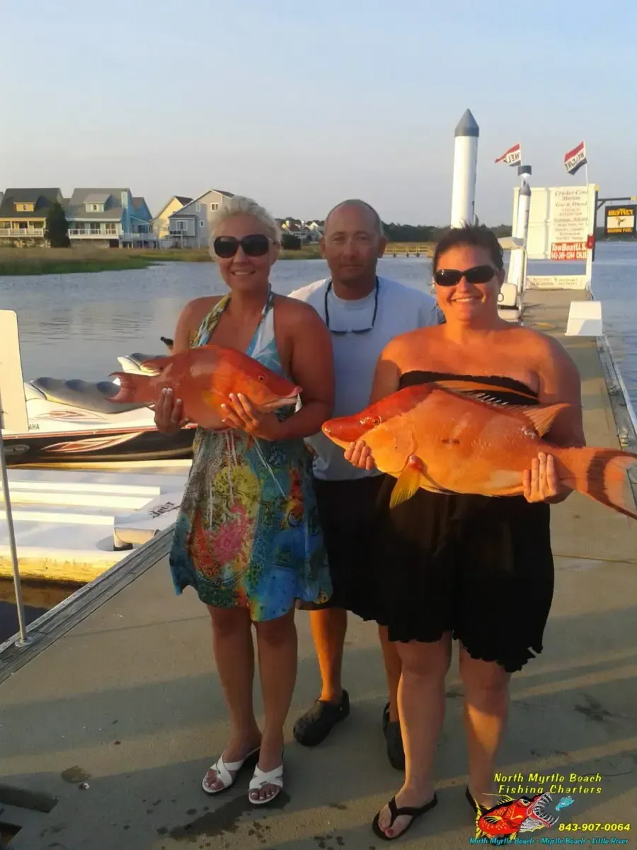 Three people holding large orange fish at a marina dock at sunset