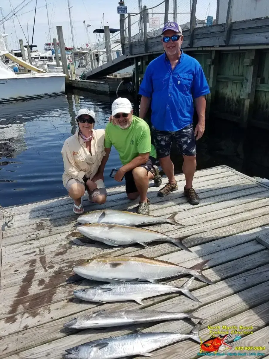 Three people on a dock posing with a row of large fish beside marina boats