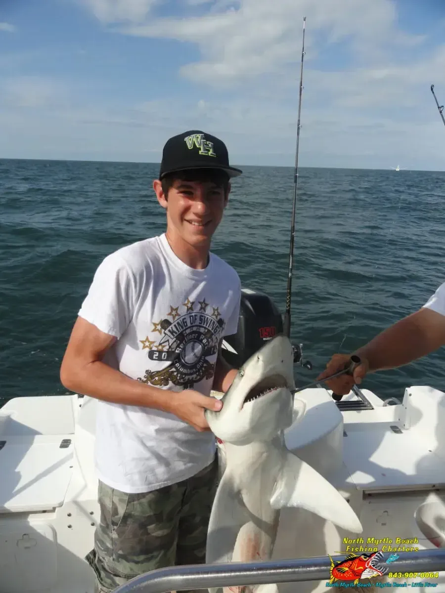 Person on a boat holding a large fish on the open sea