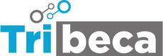 Logotipo de TriBeca en azul y gris con un icono de círculo conectado encima del texto.