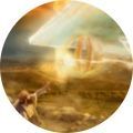 Man reaching toward a glowing object in a barren landscape; yellow, brown, and white colors.
